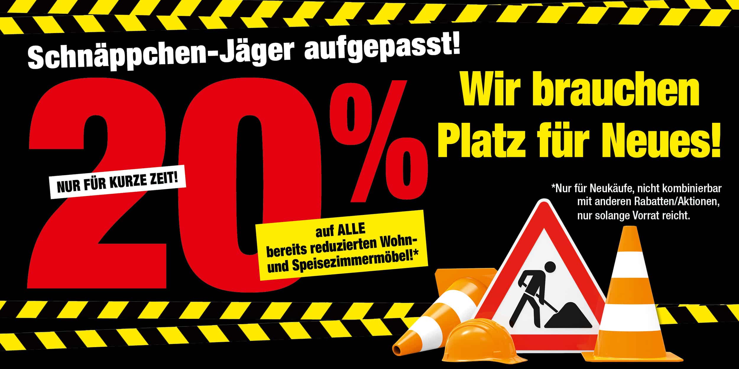 Große rote 20 % mit Baukegeln und Schildern, deutschem Verkaufstext über zeitlich begrenzte Möbelrabatte und Räumung von Flächen.
